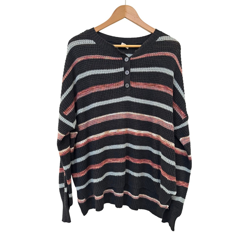 American Eagle Womens M Striped Waffle Knit Henley Sweater Preppy Y2K Comfy